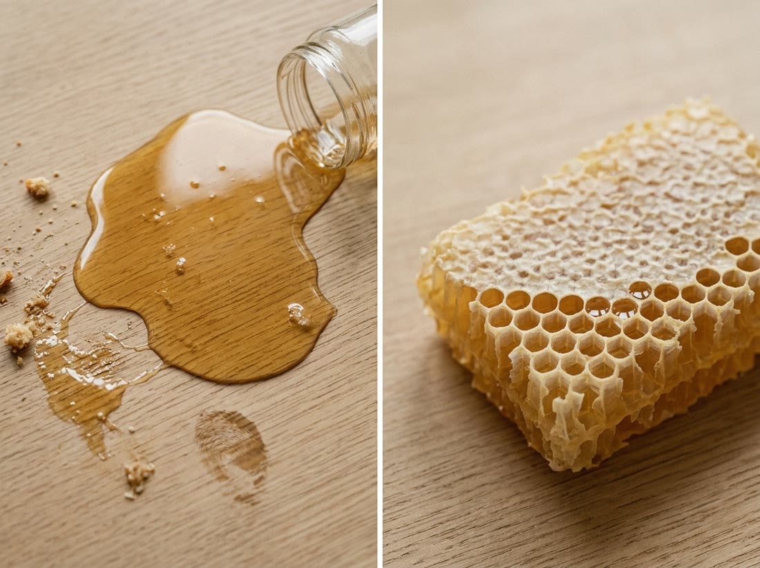 On the left spilled honey on a wooden table, on the right a piece of honeycomb