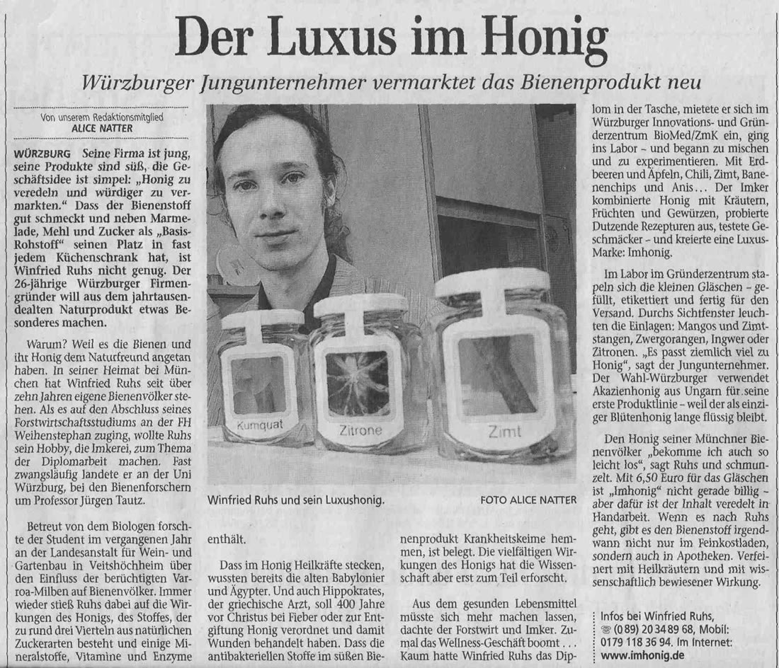 Zeitungsseite der Main-Post vom 5. Februar 2007 mit der Überschrift „Der Luxus im Honig“ und einem Foto von Winfried Ruhs mit drei Honiggläsern
