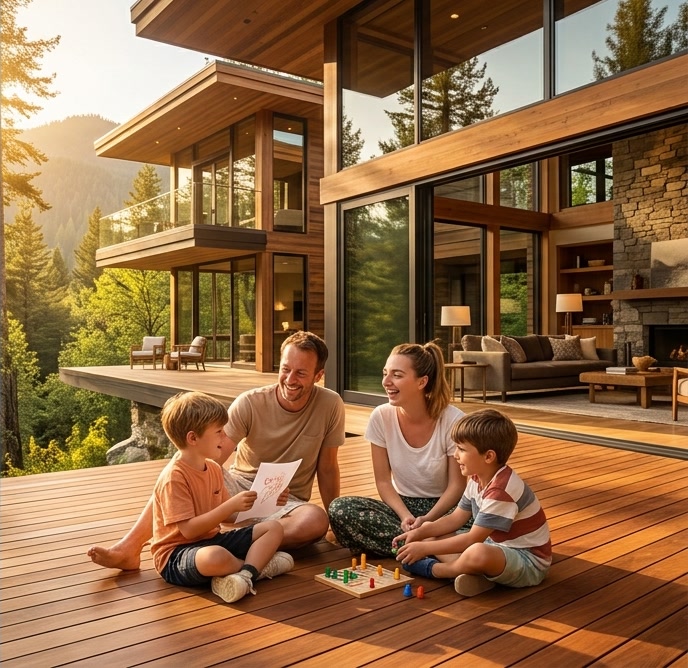 A family on the deck of a timber house in the evening sun