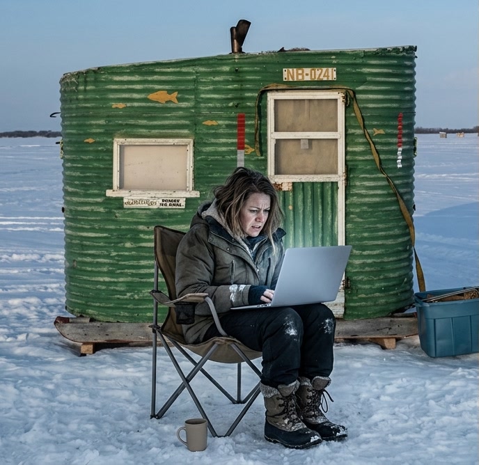 A woman with a laptop in front of a tin shack in the snow