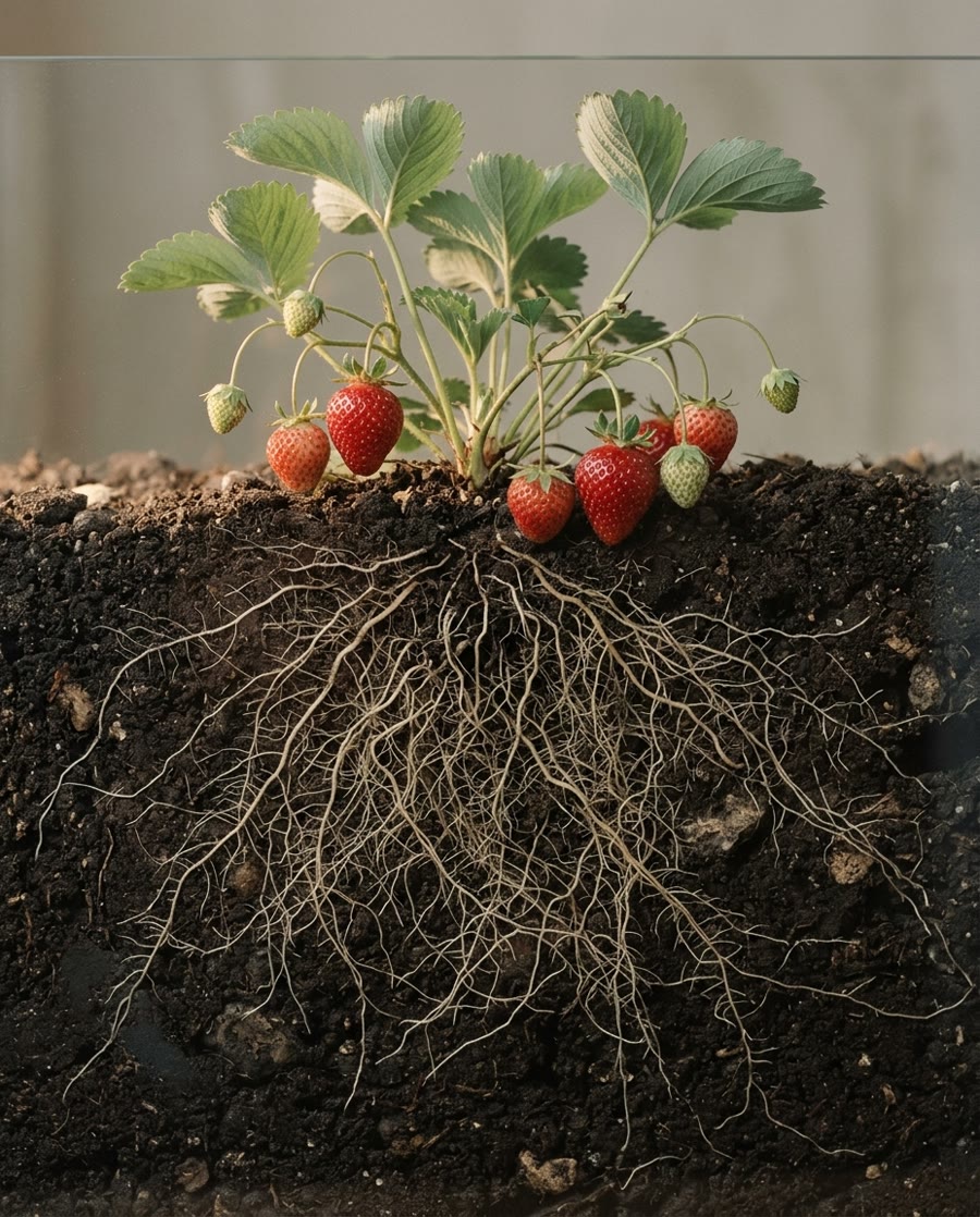 A strawberry plant in cross section: fruit above the soil, a wide root system below it